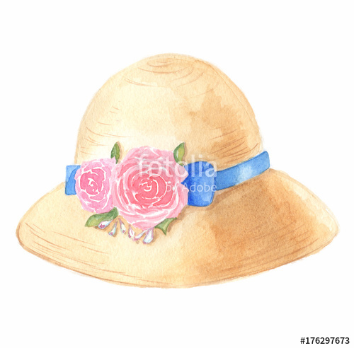 500x492 Hat Drawn Illustration Watercolor Summer Roses Blue Ribbon Fashion
