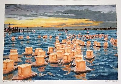 400x277 Original Hawaii Watercolor Painting Lantern Floating Honolulu By
