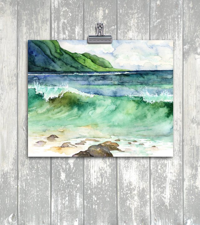 642x721 Watercolor Hawaii Painting Print Titled Green Etsy