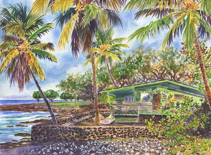 720x528 Green Kona Beach House In Hawaii Watercolor Painting By Artist