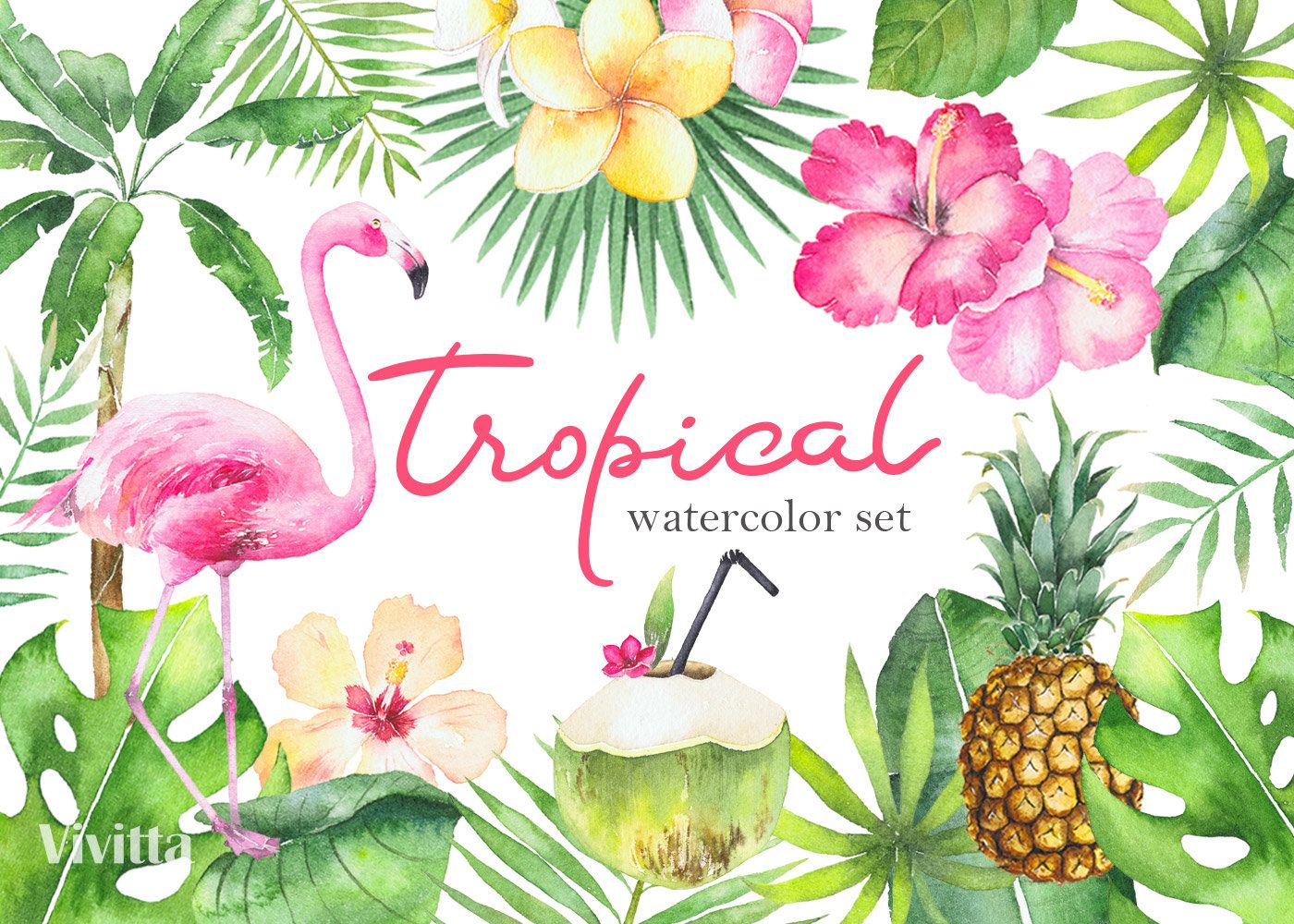 1400x1000 Watercolor Tropical Set. Digital Clipart Flamingo, Palms, Monstera