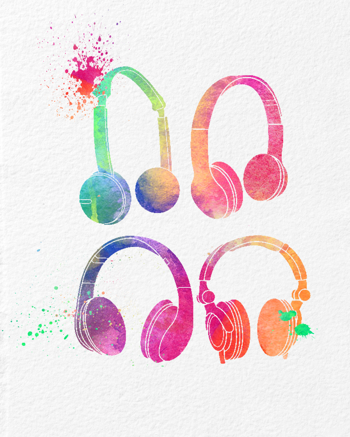 1200x1500 Watercolor Art Headphones High Fidelity Gift Modern 8x10 Wall Art