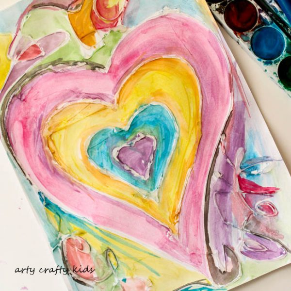 600x600 Watercolour And Glue Resist Heart Painting
