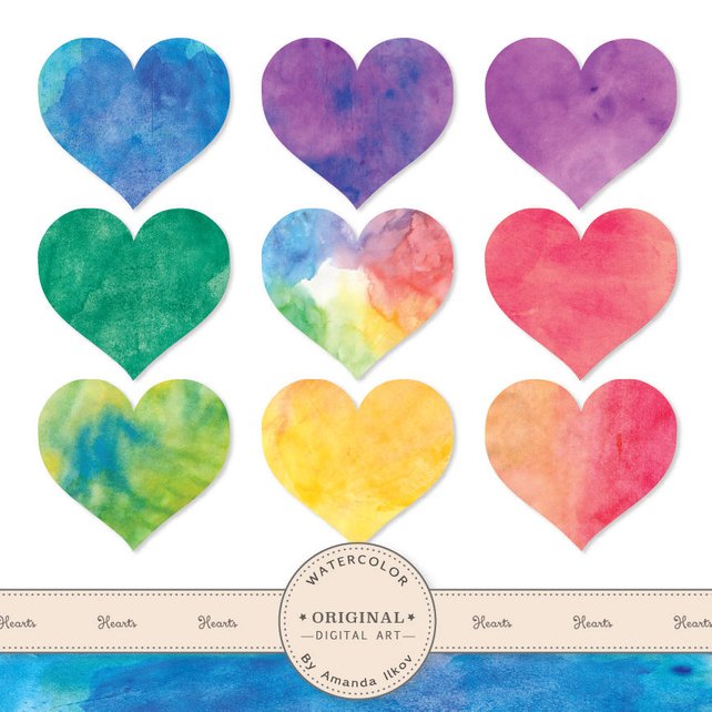 642x642 Hand Painted Bright Watercolor Hearts Clipart Watercolor Etsy