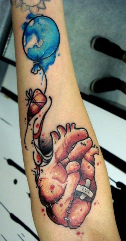 421x800 Watercolor Heart And A Balloon Forearm Tattoo