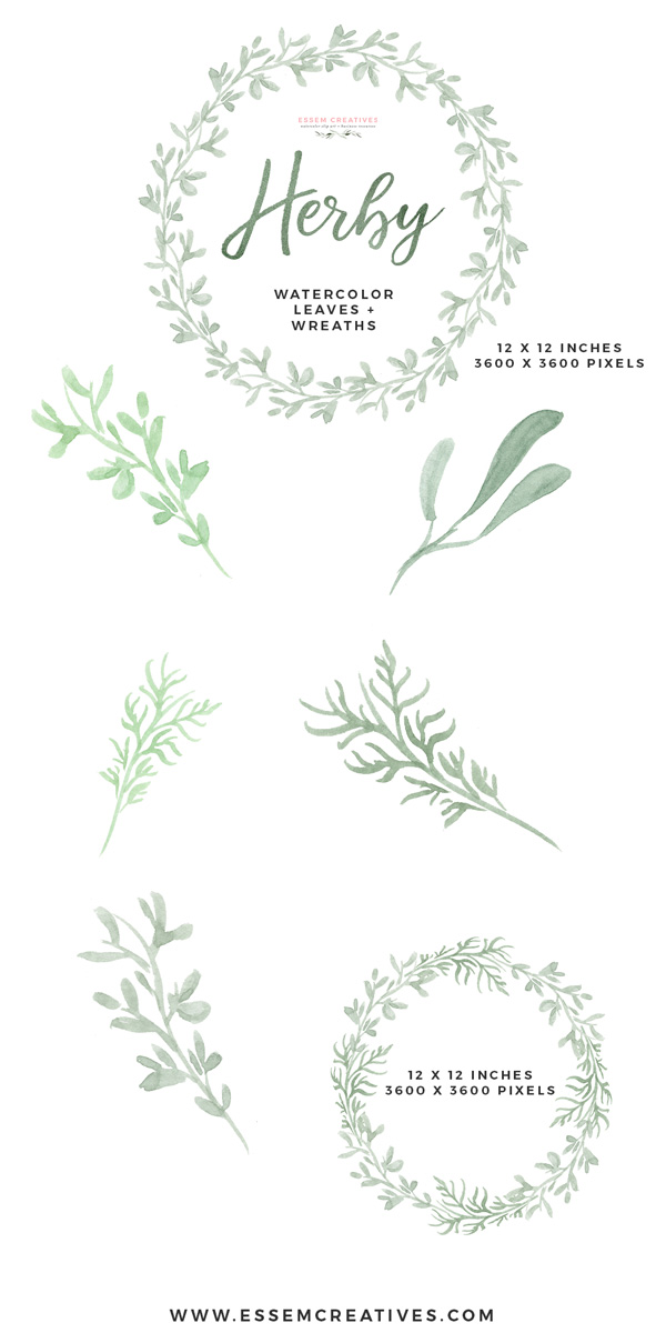 600x1200 Watercolor Herbs Clipart, Watercolor Wreath Clipart, Food