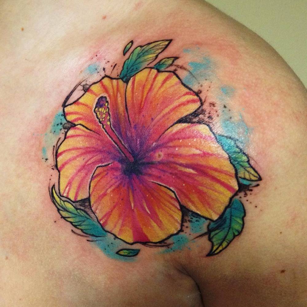 1000x1000 Watercolor Style Hibiscus Flower Tattoo On The Left