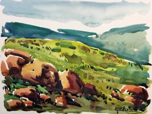 300x225 Impressionist Watercolor Landscape Painting, Hills, Rocks, Cuban