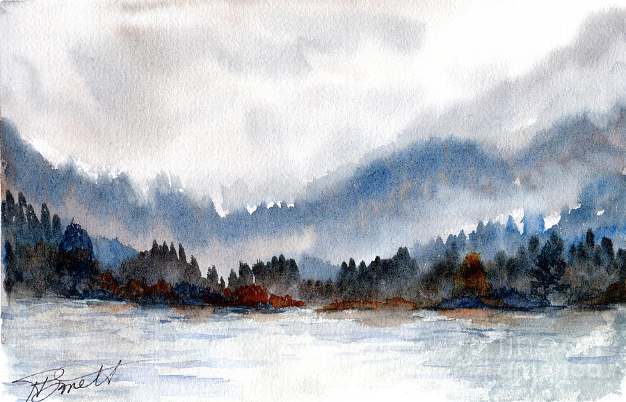 900x578 Watercolor Misty Lake And Hills Painting By H Barnett
