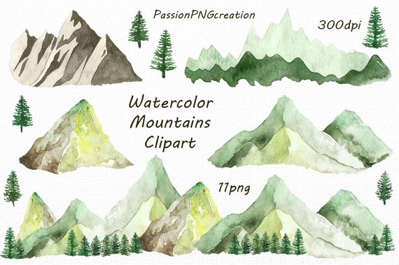 570x379 Watercolor Mountains Clipart Png Hand Painted Watercolour Etsy