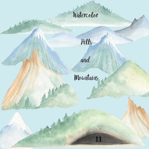 570x570 Watercolor Mountains And Hills Clip Art Woodland Hills Snow Etsy