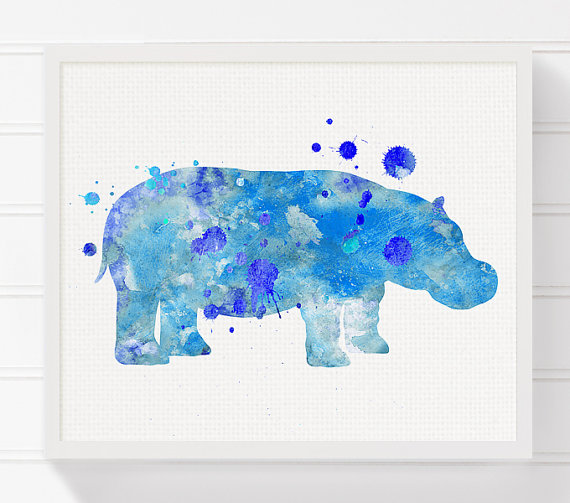 570x503 Watercolor Hippo Painting, Hippo Art Print, Hippo Poster, Kids