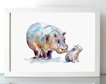 340x270 Baby Hippo Art, Watercolor Painting, Baby Girl Nursery Decor, Boy