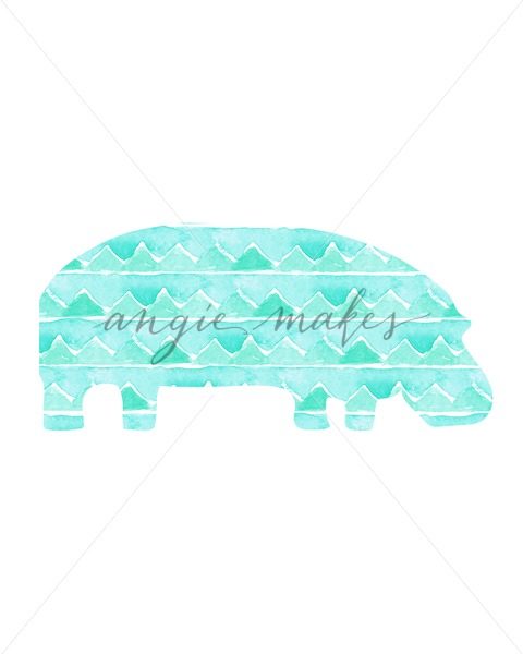 480x600 Cute, Teal Watercolor Hippo Art Work. Download + Print Today