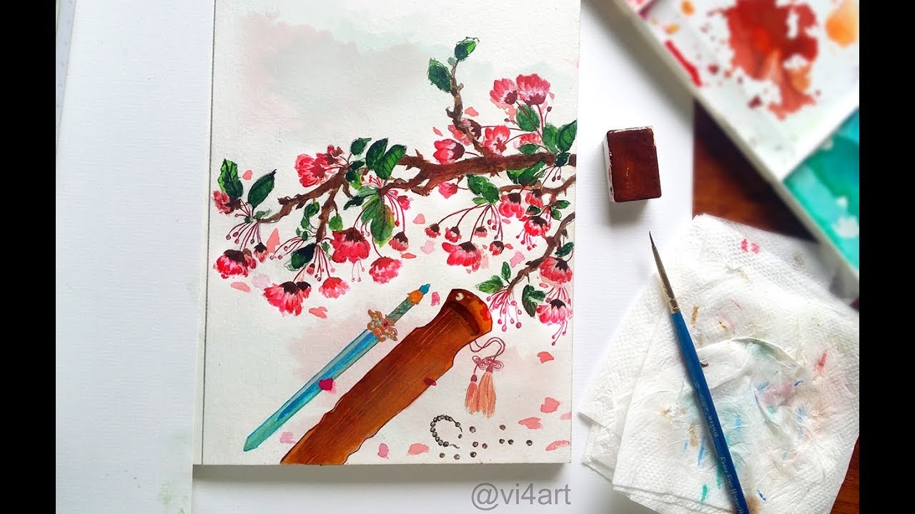 1280x720 Watercolor Kwanzan Cherry Blossoms Hoa