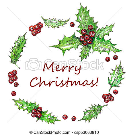 450x470 Christmas Wreath With Holly Leaves And Red Berries Watercolor