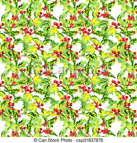 450x470 Hand Drawn Watercolor Christmas Background With Holly Leaves And