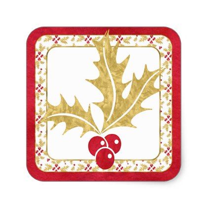 422x422 Red And Gold Watercolor Holly Leaf Pattern Square Sticker Gold