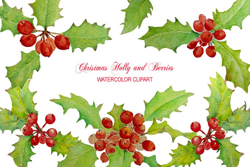864x576 Watercolor Clipart Christmas Holly And Berry Instant Download Etsy