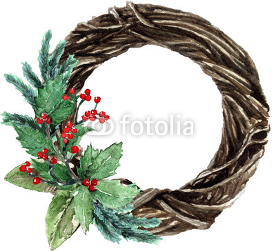 400x364 Watercolor Scandinavian Christmas Wicker Wreath. Hand Drawn Winter