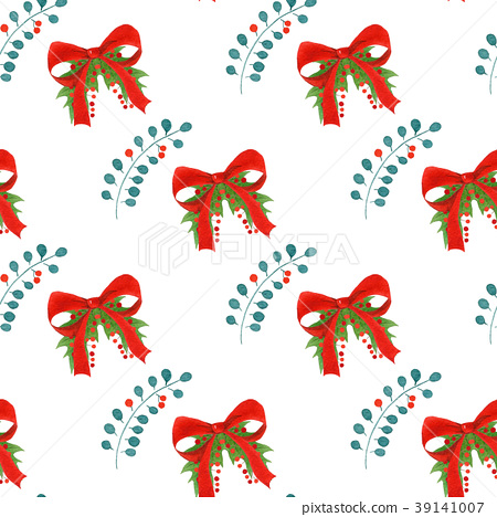 450x468 Watercolor Pattern With Red Bows,holly Leaves