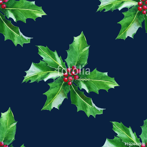 500x500 Background With Holly Leaves. Seamless Pattern. Watercolor. Stock