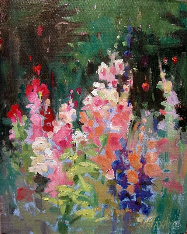 615x768 Hollyhock Garden By Artist Mary Maxam,