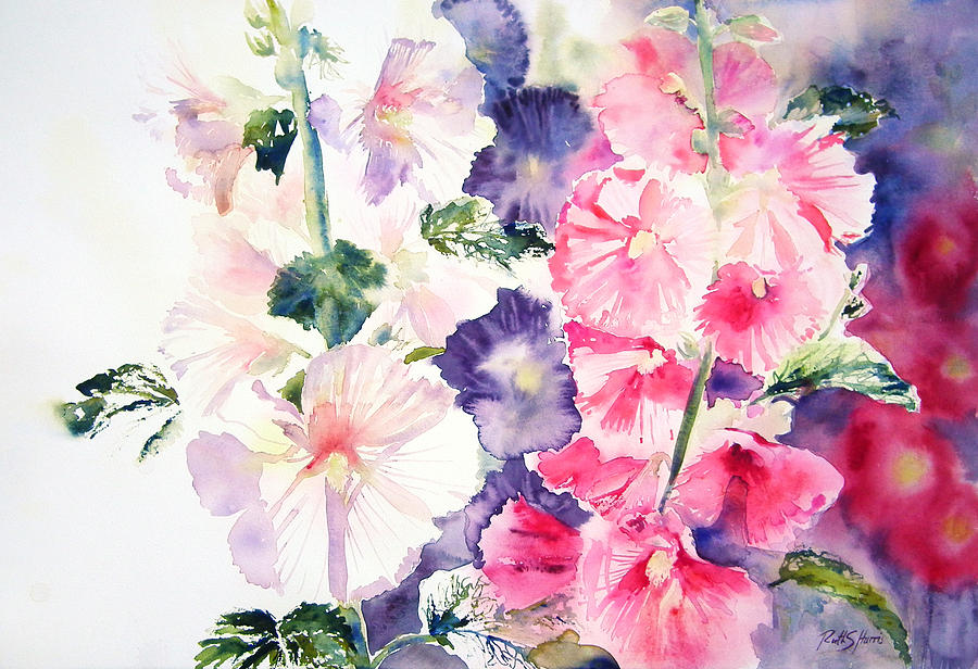 900x616 Hollyhocks Painting By Ruth Harris