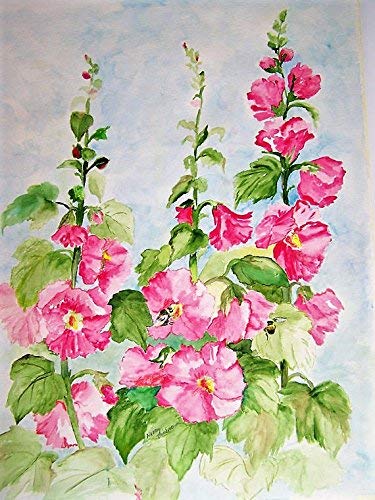 375x500 Original Watercolor Painting Pink Hollyhocks And