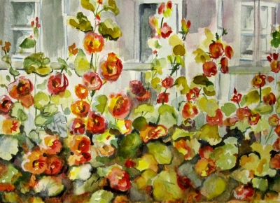 400x290 Porch Hollyhocks Painted N Watercolors. Art On Paper