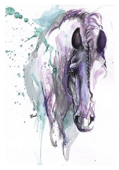 417x596 Sad Purple And Turquoise Horse Head Tattoo Design