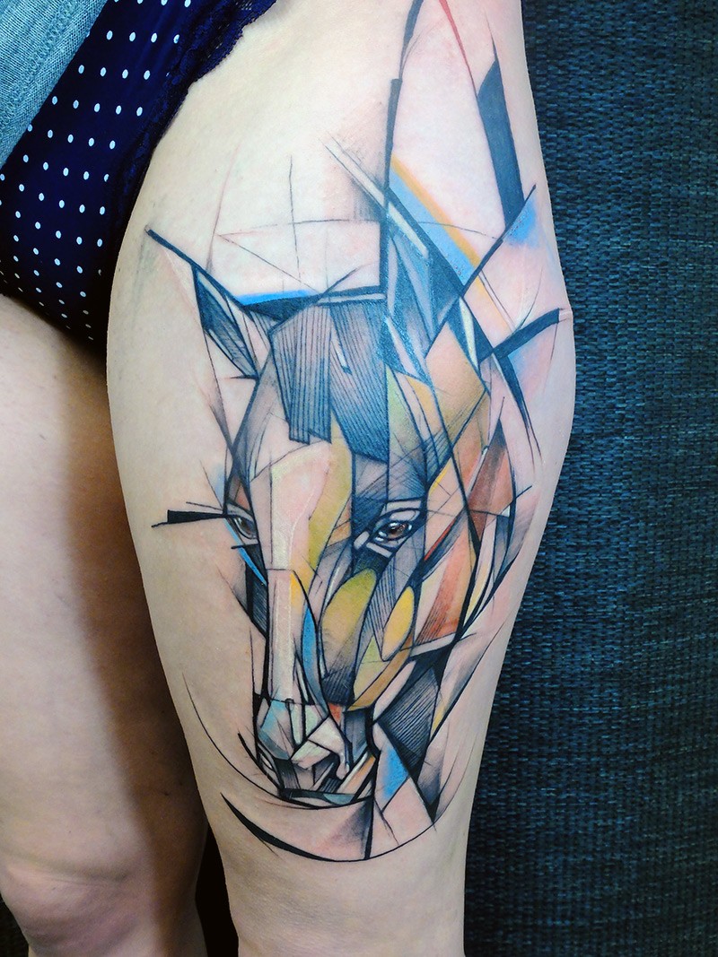 800x1067 Geometric Watercolor Horse Head Tattoo On Thigh