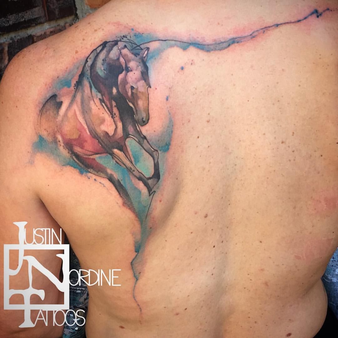 1080x1080 Gorgeous Watercolor Horse Tattoo By @justinnordinetattoos