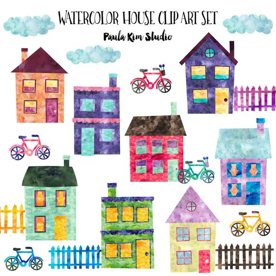 570x570 Neighborhood Clip Art, Watercolor House Clipart With Buildings