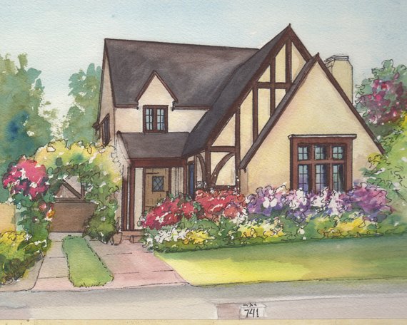 570x456 Watercolor House Drawing Painting Of Your Home With Ink Etsy