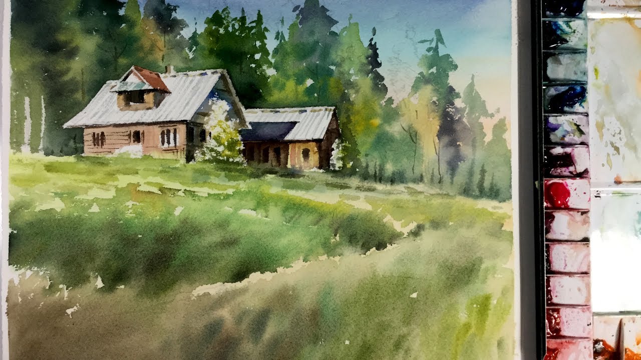 1280x720 Watercolor Painting Wooden House In The Forest