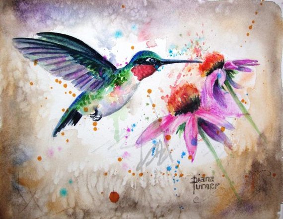 570x440 Ruby Throated Watercolor Hummingbird Original Watercolor