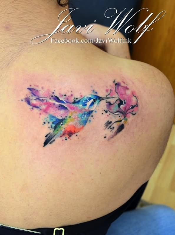 594x800 Watercolor Hummingbird Tattoo On Right Back Shoulder By Javi Wolf