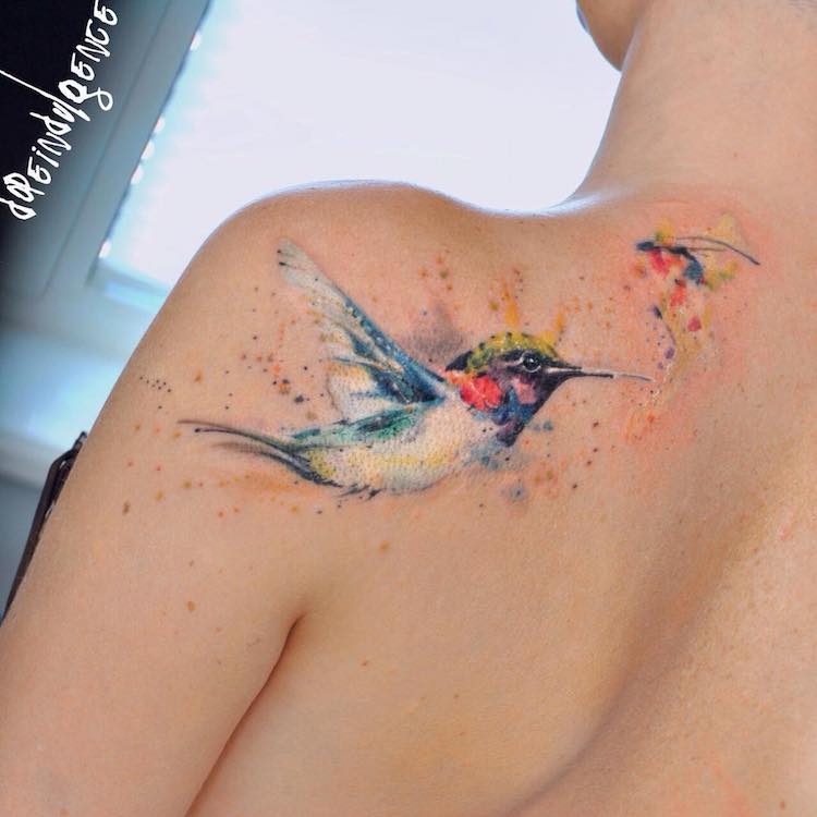 750x750 Watercolor Hummingbird Tattoo On Back Shoulder