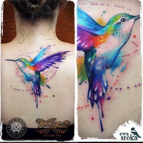474x476 Watercolor Hummingbird Tattoo On Back By Ewa Sroka Tattoo