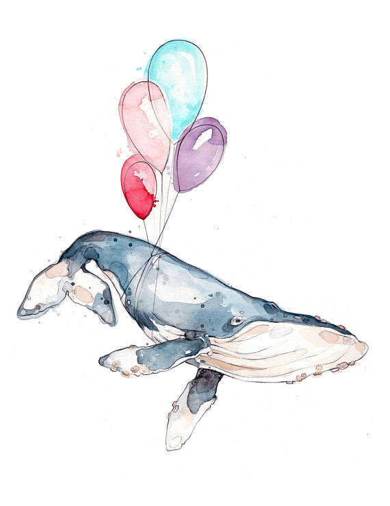 570x738 Balloons Whale Watercolor Print Humpback Whale Marie Eve