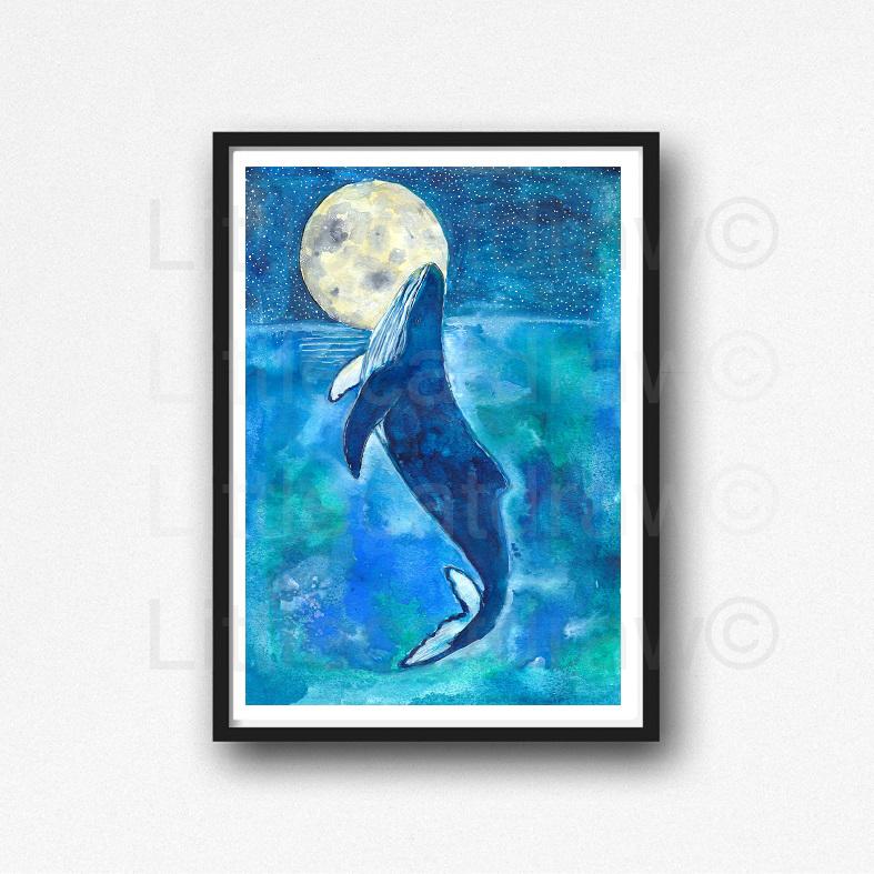 787x787 Buy Humpback Whale Under The Sea Moon And Stars Watercolor