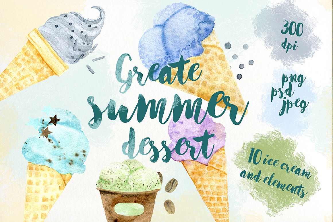1160x773 Watercolor Ice Cream. Summer Dessert