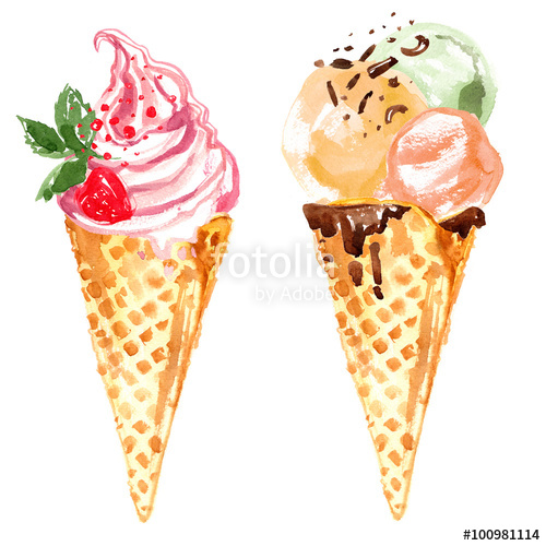 500x500 Ice Cream Cone Painted With Watercolors On White Background