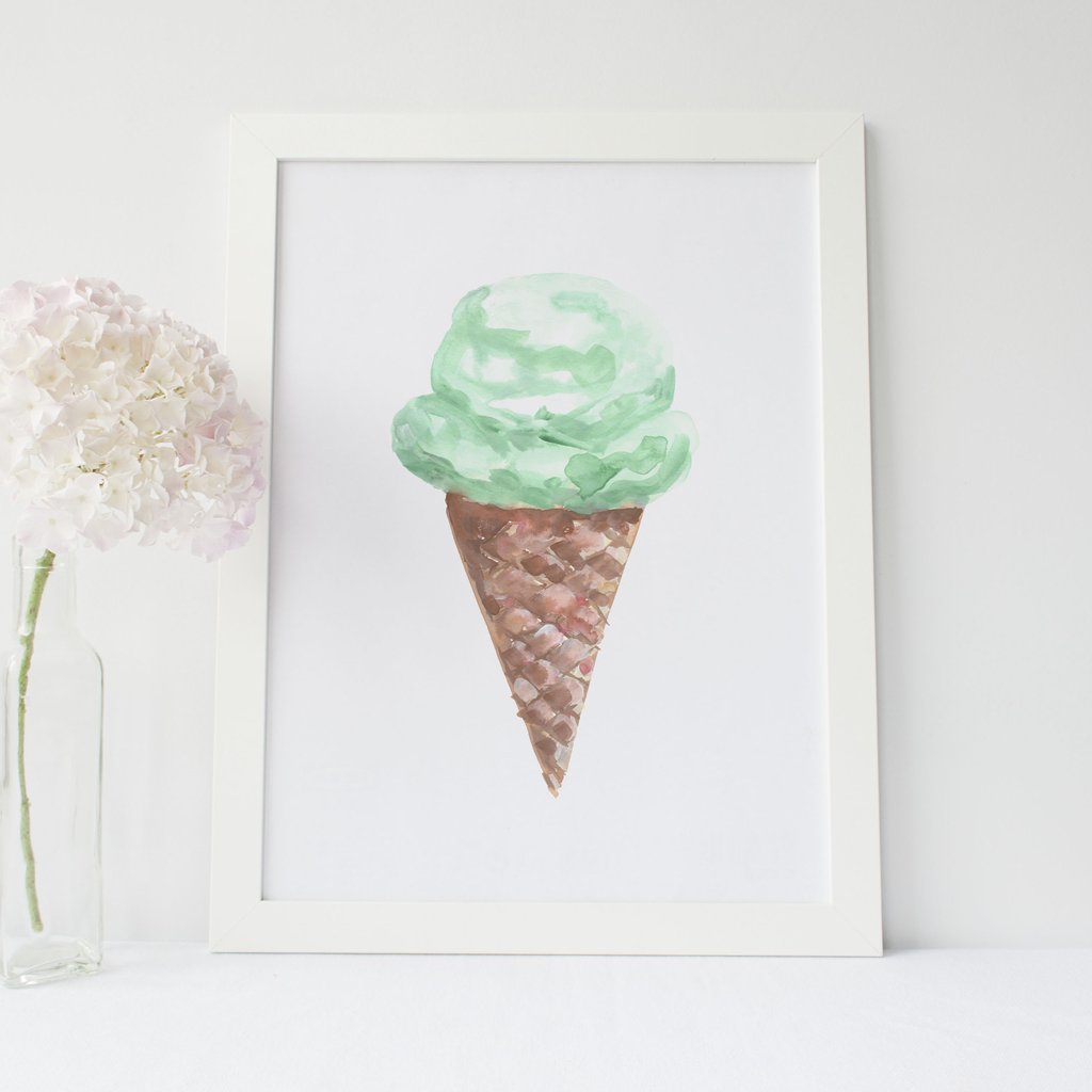 1024x1024 Mint Ice Cream Cone Watercolor Art Print Jetty Home