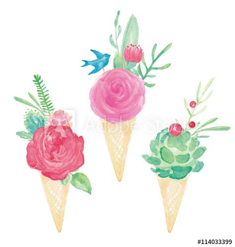 476x500 Watercolor Ice Cream Cone Flower Bouquets Vector Set