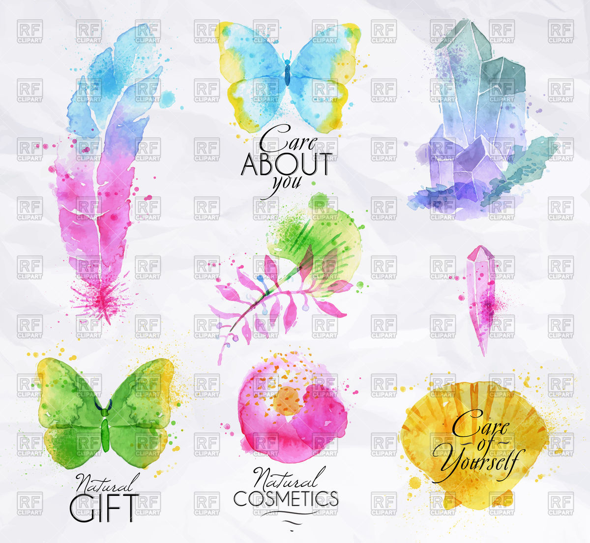 1200x1104 Set Of Watercolor Icons Butterfly, Feather, Branche, Crystal