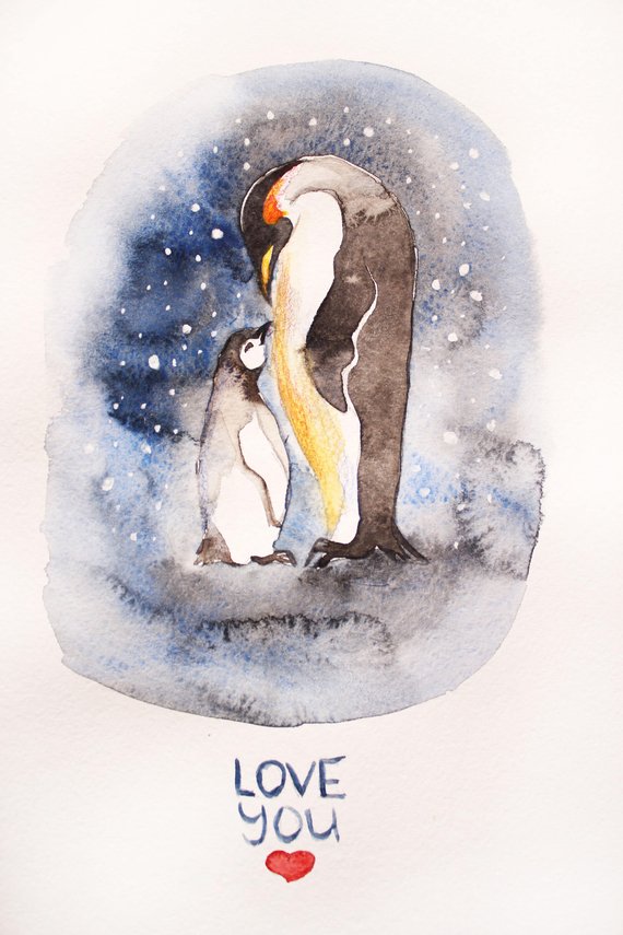 570x855 Print Watercolor Illustration Penguin Art Mom And Baby Penguin Etsy