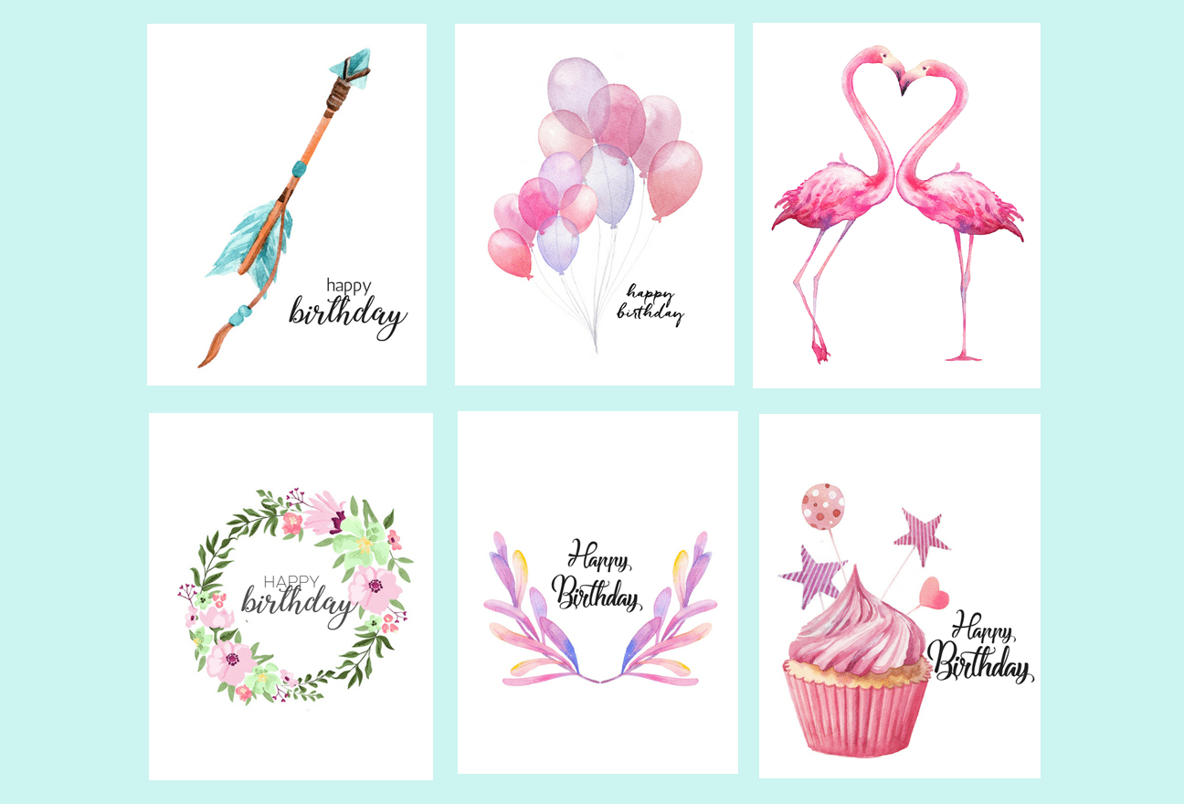 1296x880 Free Printable Watercolor Birthday Cards {Flamingo, Balloons