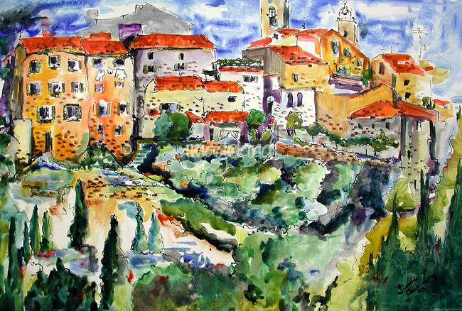 650x438 French Hillside Village Provence Watercolor Ginett By Ginette Callaway